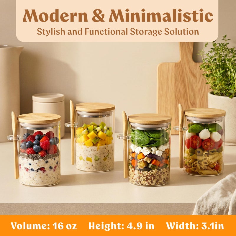 EDELHAUS Overnight Oats Containers with Lids, Labels & Spoons (4 x 16oz) Glass Jars for Oatmeal, Meal Prep, Food Storage | Leak-Proof Mason Jars for Oats, Cereal, Yogurt, Chia Pudding [Thicker Glass 3mm] - Image 2