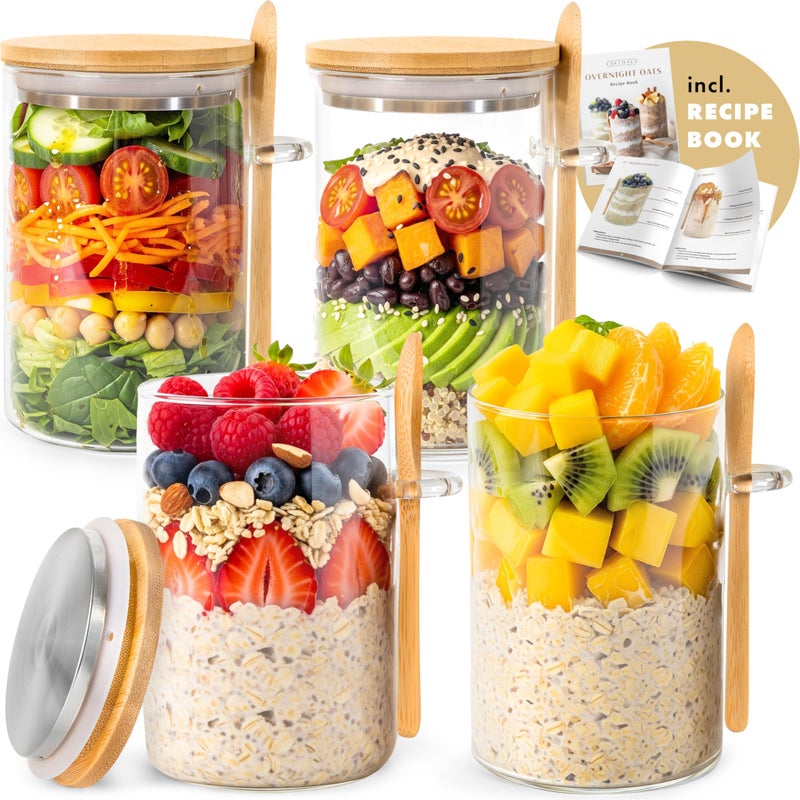 EDELHAUS Overnight Oats Containers with Lids, Labels & Spoons (4 x 16oz) Glass Jars for Oatmeal, Meal Prep, Food Storage | Leak-Proof Mason Jars for Oats, Cereal, Yogurt, Chia Pudding [Thicker Glass 3mm] - Image 1