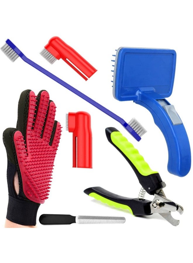 PET Dog Grooming Kit Nail Clippers With Filer Manual Toothbrush Kit Dog Plastic Slicker Brush With Press Key Pet Grooming Glove For Dog, Multicolor (Pack Of 7) - Image 1