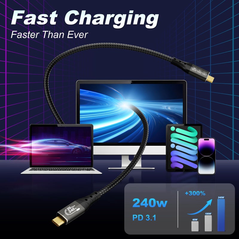 ZIKNYDO USB C to USB C Monitor Cable 6.6FT/ 2m, USB C 3.2 20Gbps Data Transfer, Supports 8K@30Hz, 4K@60Hz/144Hz Video Type C, 240W 48V/5A, USBC Display Cable for Thunderbolt 4 6FT, MacBook Pro, Switch - Image 4