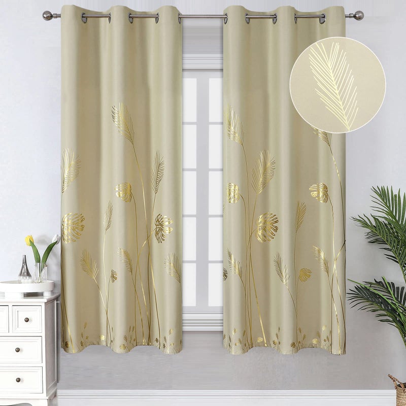Estelar Textiler Gold Wheat and Leaf Printed Curtains Light Blocking Curtains Thermal Insulated Blackout Curtains Elegant Drapes for Bedroom  42Wx63L  Beige  2 Drapes - Image 1