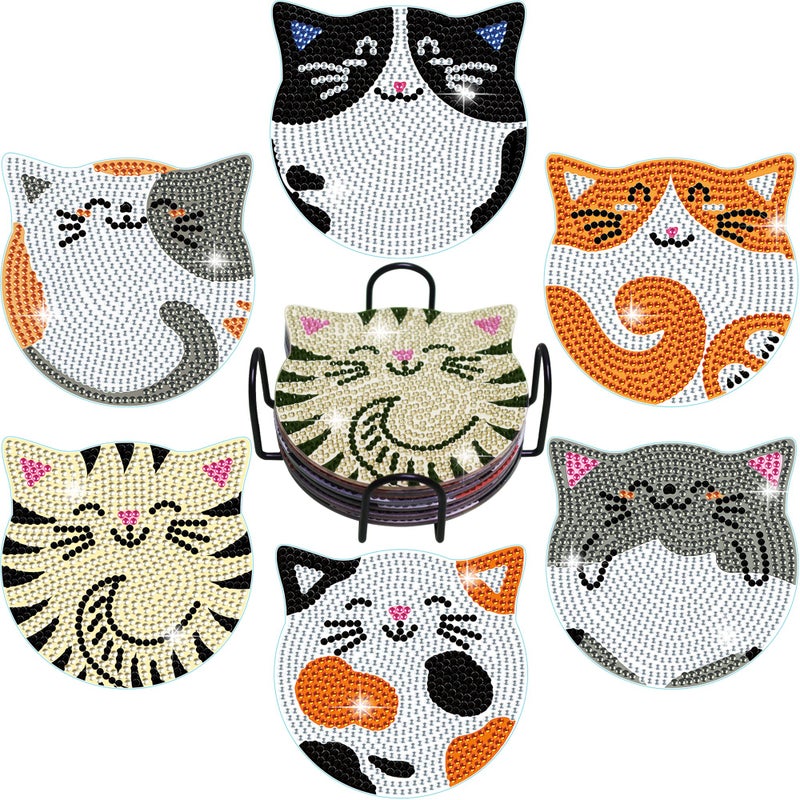 Vcekract Diamond Painting Coasters Kits 6 Pcs Cat Diamond Art Coasters with Holder Crafts Kits for DIY Coasters Diamond Art Kits for Adults
