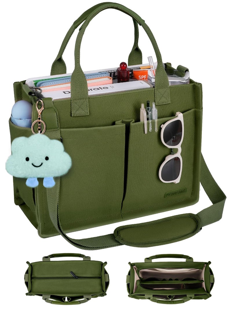 BESBESME Canvas Tote Bag for Women with Zipper, Compartments & Luggage Sleeve, Work and College Crossbody Bag, Adjustable Strap, Laptop Purse for Teacher, Nurse, Travel, Bible Study, Army Green M - Image 1