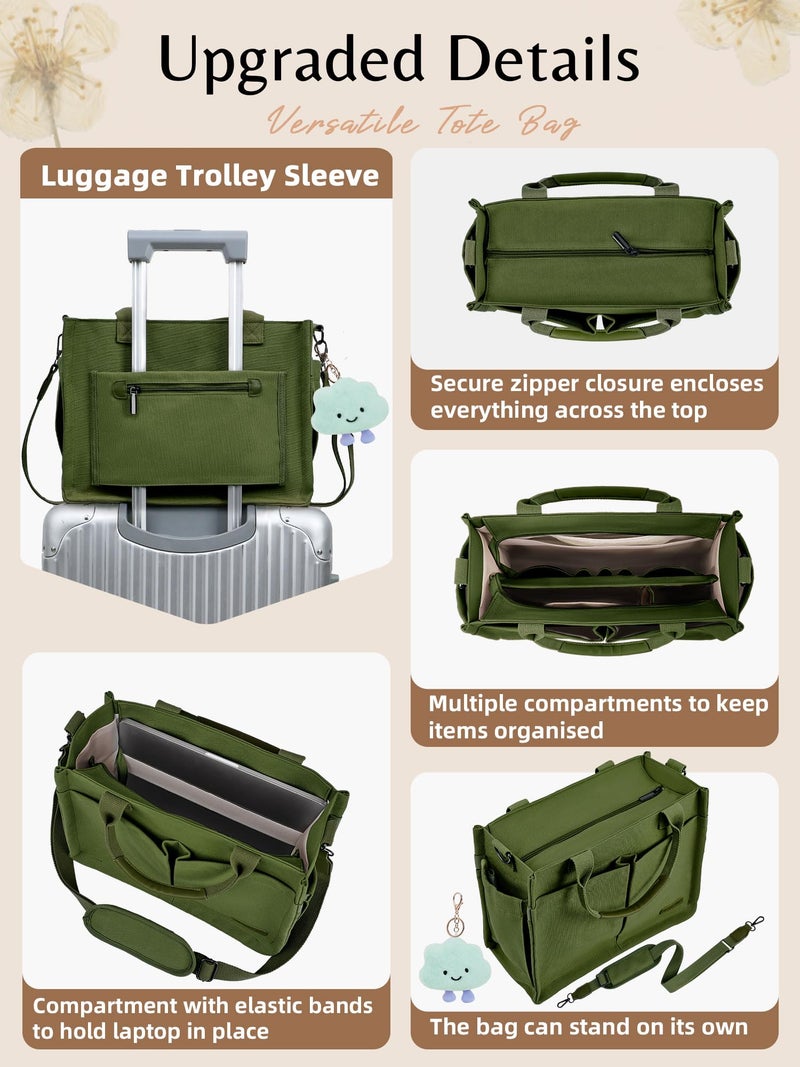 BESBESME Canvas Tote Bag for Women with Zipper, Compartments & Luggage Sleeve, Work and College Crossbody Bag, Adjustable Strap, Laptop Purse for Teacher, Nurse, Travel, Bible Study, Army Green M - Image 3