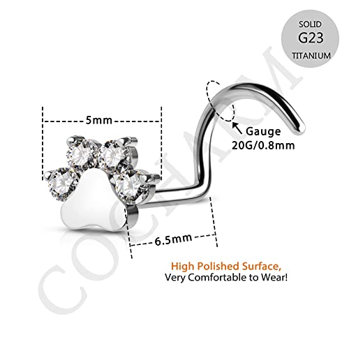 COCHARM G23 Titanium 20g Nose Stud Paw Print Screw Rings Dog Paw Clear CZ Piercing Jewelry 20 Gauge Hypoallergenic Corkscrew Stud - Image 3