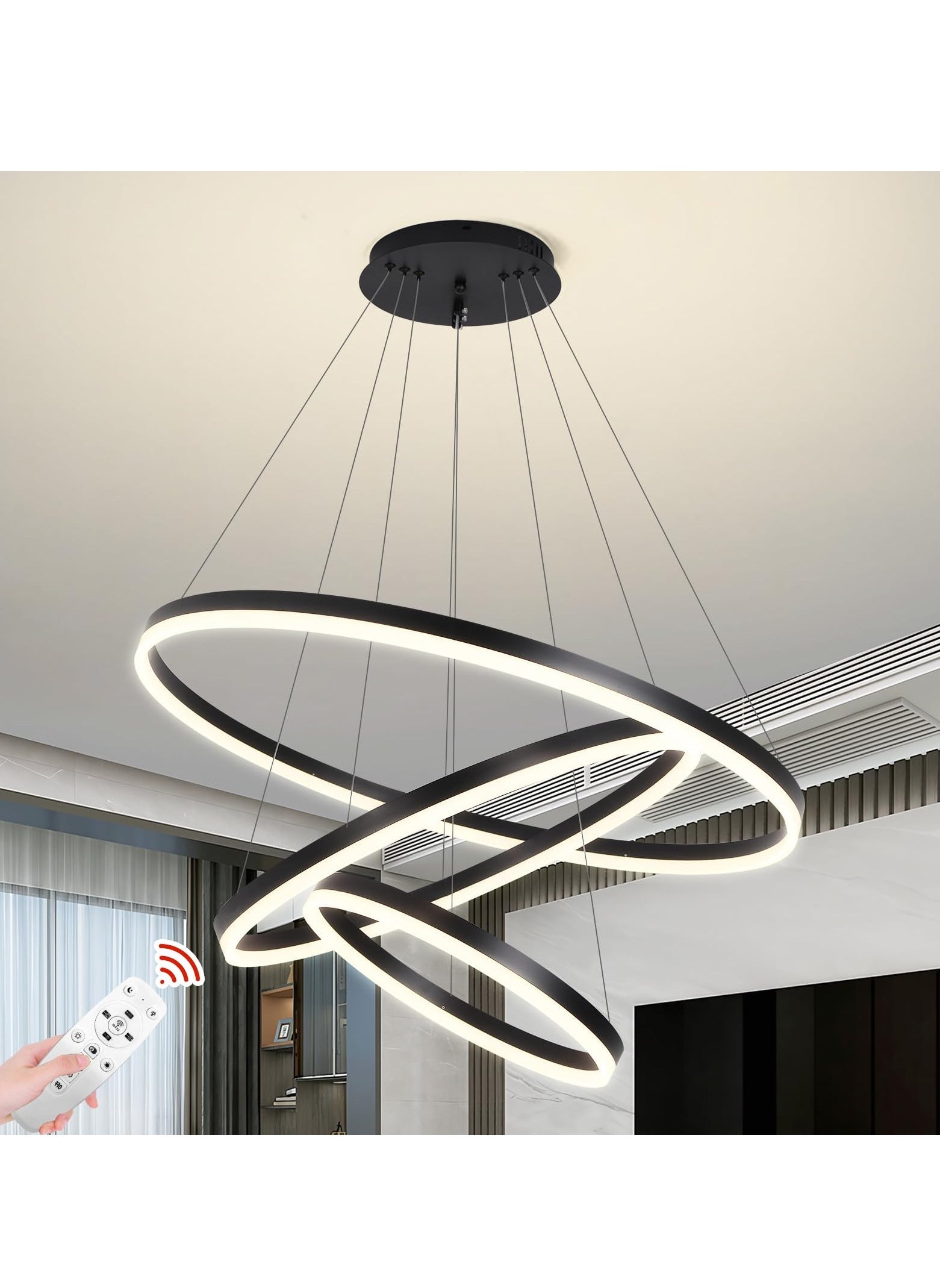 YATAI LIGHTING LED Classic Chandelier Living Room,Large dia 80cm 3 Ring Black Modern Simple Chandelier Light,Adjustable Color Temperature Acrylic Chandelier 3 Lamp Ring 