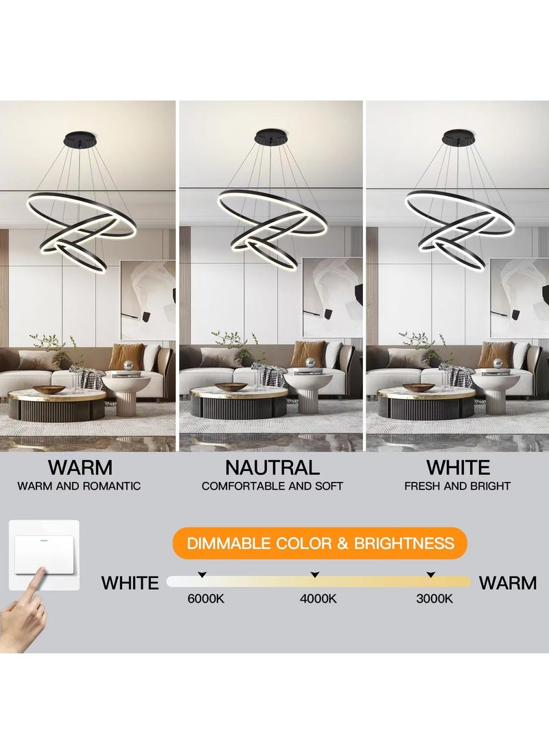 YATAI LIGHTING ثريا كلاسيكية LED لغرفة المعيشة، قطر كبير 80 سم، ثريا سوداء حديثة بسيطة، ثريا أكريليك ذات درجة حرارة لون قابلة للتعديل، ثريا 3 مصابيح حلقية - Image 3