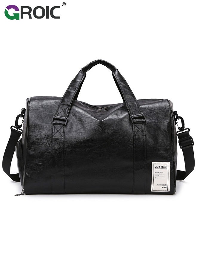 GROIC Leather Gym Fitness Bag,Gym Duffle Bag for Men Women,Travel Duffel Bag with Shoe Compartment & Wet Pocket,Weekender Bag,Fitness Bag,Sports Bag(Black)  - Image 1
