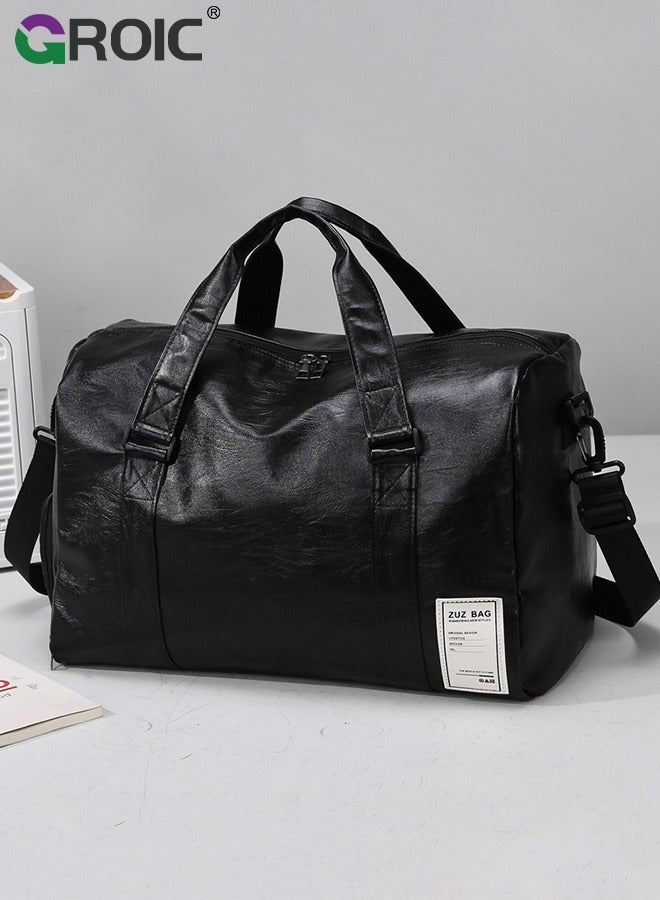 Leather Gym Fitness Bag,Gym Duffle Bag for Men Women,Travel Duffel Bag with Shoe Compartment & Wet Pocket,Weekender Bag,Fitness Bag,Sports Bag(Black)