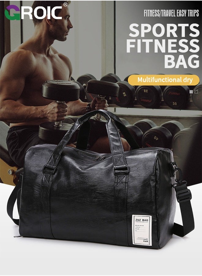 GROIC Leather Gym Fitness Bag,Gym Duffle Bag for Men Women,Travel Duffel Bag with Shoe Compartment & Wet Pocket,Weekender Bag,Fitness Bag,Sports Bag(Black)  - Image 2