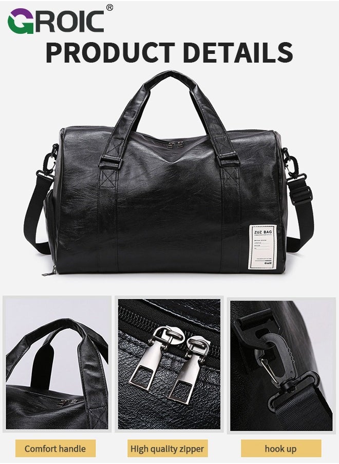 GROIC Leather Gym Fitness Bag,Gym Duffle Bag for Men Women,Travel Duffel Bag with Shoe Compartment & Wet Pocket,Weekender Bag,Fitness Bag,Sports Bag(Black)  - Image 3