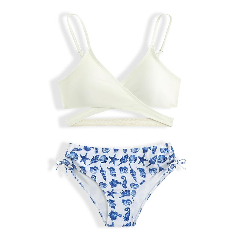 MIENOE Tween Girls' Bikini Set Two-Piece Swimsuit with Removable Chest Pads, Cute Criss-Cross V-Neck, White Top & Blue Sea Creature Print Bottom, Size 10-11 Years - Image 1