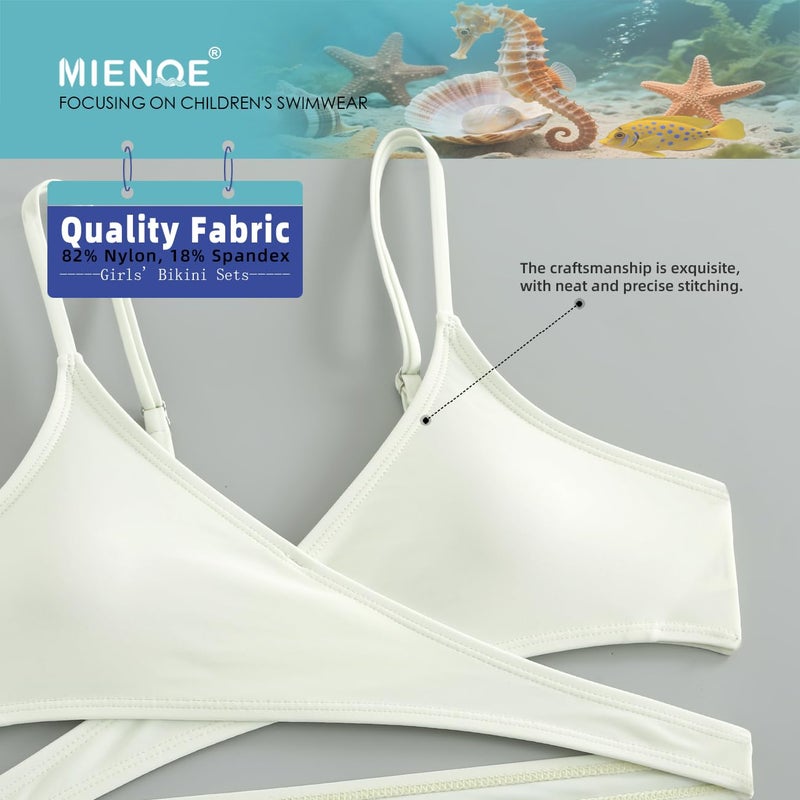 MIENOE Tween Girls' Bikini Set Two-Piece Swimsuit with Removable Chest Pads, Cute Criss-Cross V-Neck, White Top & Blue Sea Creature Print Bottom, Size 10-11 Years - Image 4