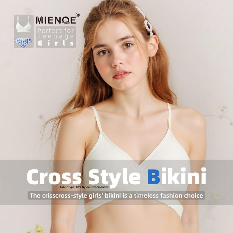 MIENOE Tween Girls' Bikini Set Two-Piece Swimsuit with Removable Chest Pads, Cute Criss-Cross V-Neck, White Top & Blue Sea Creature Print Bottom, Size 10-11 Years - Image 2