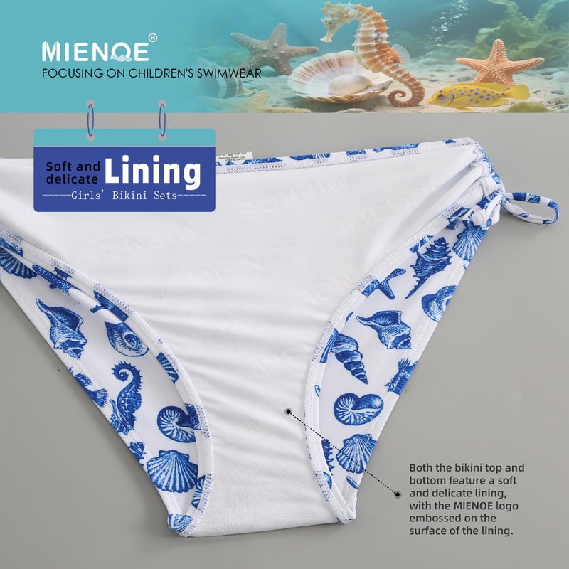 MIENOE Tween Girls' Bikini Set Two-Piece Swimsuit with Removable Chest Pads, Cute Criss-Cross V-Neck, White Top & Blue Sea Creature Print Bottom, Size 10-11 Years - Image 5