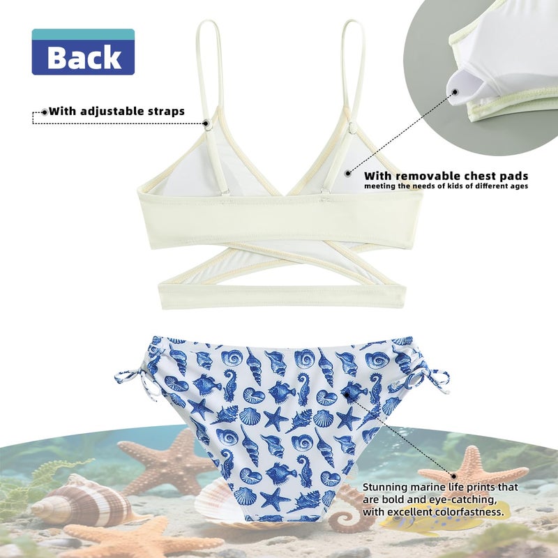 MIENOE Tween Girls' Bikini Set Two-Piece Swimsuit with Removable Chest Pads, Cute Criss-Cross V-Neck, White Top & Blue Sea Creature Print Bottom, Size 10-11 Years - Image 3