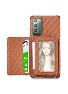Case Cover For Samsung Galaxy Note20 Carbon Fiber Magnetic Card Bag TPU+PU Shockproof Back Cover Case with Holder & Card Slot & Photo Frame Brown