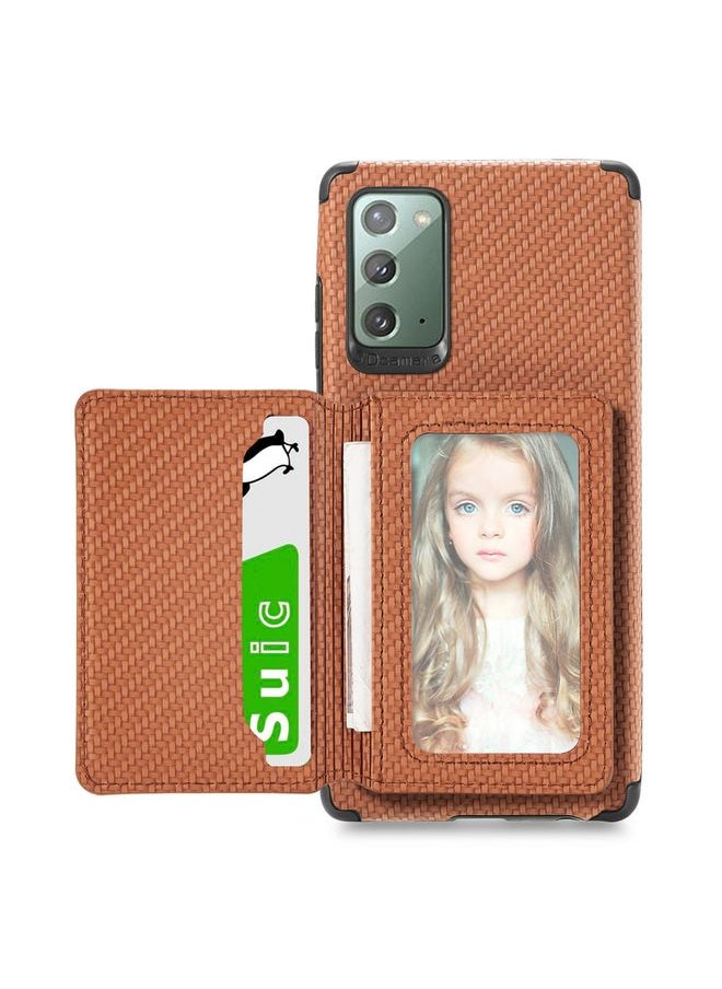 HuHa - Case Cover For Samsung Galaxy Note20 Carbon Fiber Magnetic Card Bag TPU+PU Shockproof Back Cover Case with Holder & Card Slot & Photo Frame Brown - Image 1
