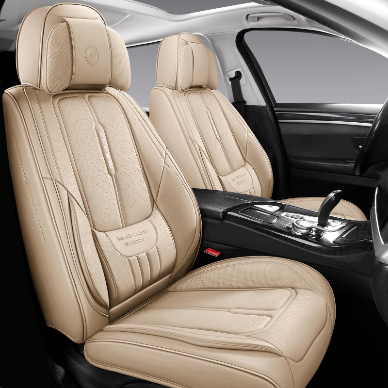 NS YOLO Universal Fit Full Coverage Leather Car Seat Covers for Cars,SUVs and Pick-up Trucks, Car Seat Protector,Automotive Seat Covers Full Set,Car Seat Cushion,Beige Seat Cover for 5 Seats - Image 1