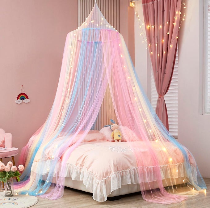 RAINBOW BED CANOPY WITH LIGHTS MOSQUITO NETTING FOR TWIN SINGLE FULL QUEEN KING SIZE BEDS DECOR FOR GIRLS ROOMS