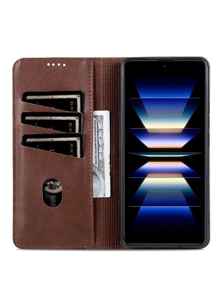 جراب AZNS لهاتف Xiaomi Redmi Note 15 Pro 5G مصنوع من جلد البقر ومحفظة من جلد البولي يوريثان - لون القهوة - Image 2