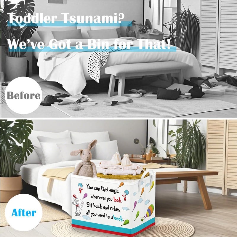 Runtoo Read Book Storage Bins Dr Inspirational Quotes Book Basket Toys Box Organizer for Kids Nursery Classroom Baby Book Shelf - Image 3