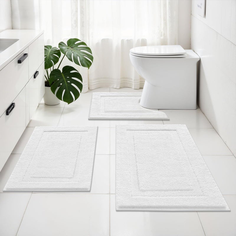 SHACOS White Bathroom Rugs Sets 3 Piece, 16"x24" + 20"x32" Non Slip Bath Mat and 20"x24" Toilet Rugs U Shaped Washable, Soft Fluffy Water Absorbent Bath Rugs for Bathroom - Image 3