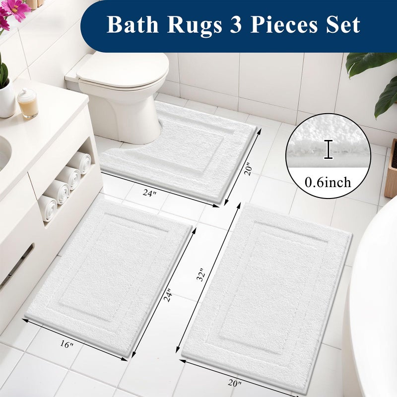 SHACOS White Bathroom Rugs Sets 3 Piece, 16"x24" + 20"x32" Non Slip Bath Mat and 20"x24" Toilet Rugs U Shaped Washable, Soft Fluffy Water Absorbent Bath Rugs for Bathroom - Image 2