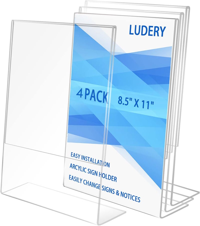 Ludery 8.5x11 Inches Acrylic Sign Slant Back Holder, Plastic Display Stand,Brochure Holder, Table Top Sign Holder For Office, Home, Store, Restaurant… (4pack) - Image 1