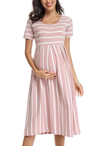 BBHoping Women’s Casual Striped Maternity Dress Short Knee Length Pregnancy Clothes for Baby Shower - Image 1