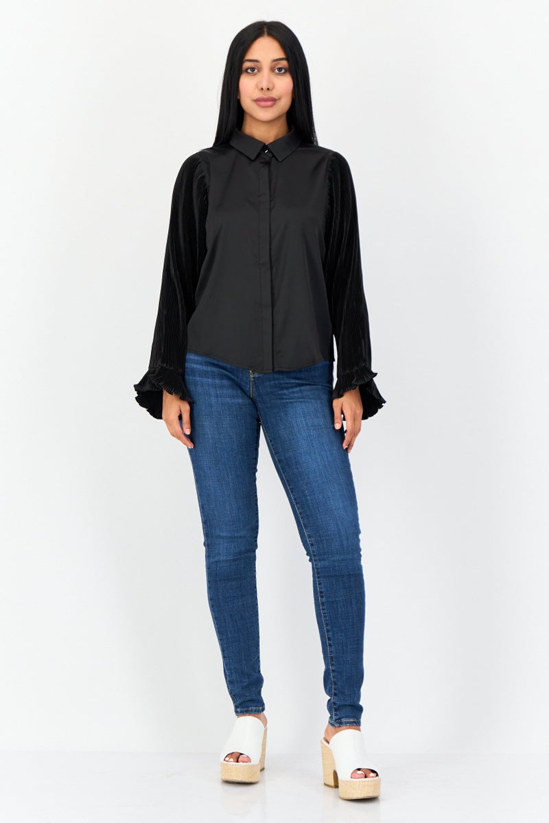 Area Stars Women Spread Collar Long Sleeves Plain Shirt, Black  - Image 4