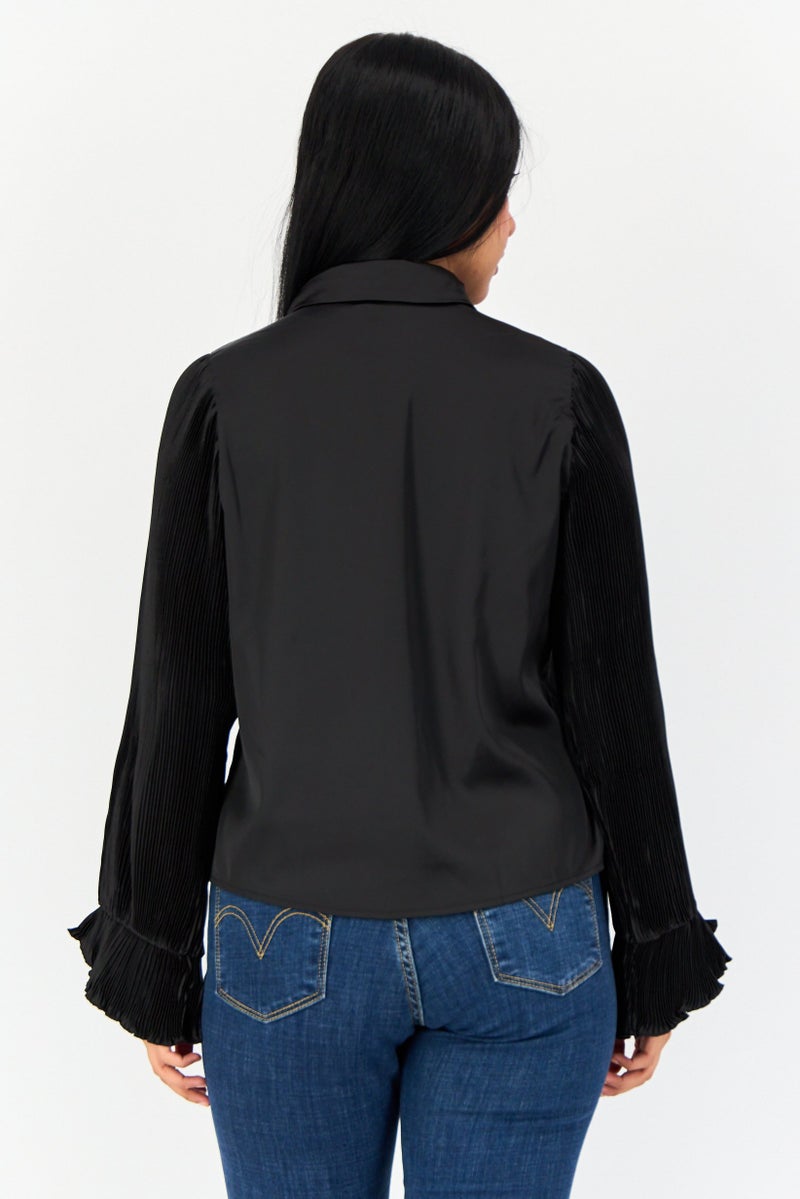 Area Stars Women Spread Collar Long Sleeves Plain Shirt, Black  - Image 2
