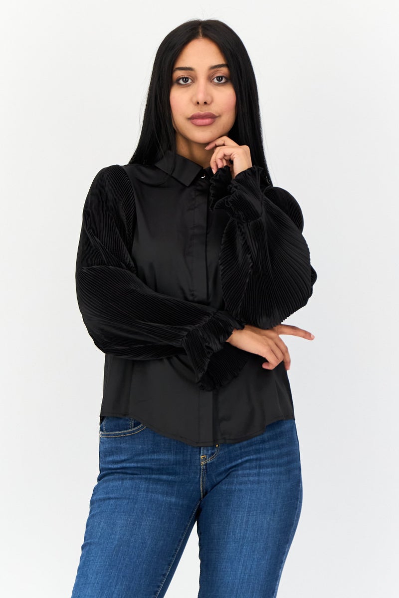 Area Stars Women Spread Collar Long Sleeves Plain Shirt, Black  - Image 1