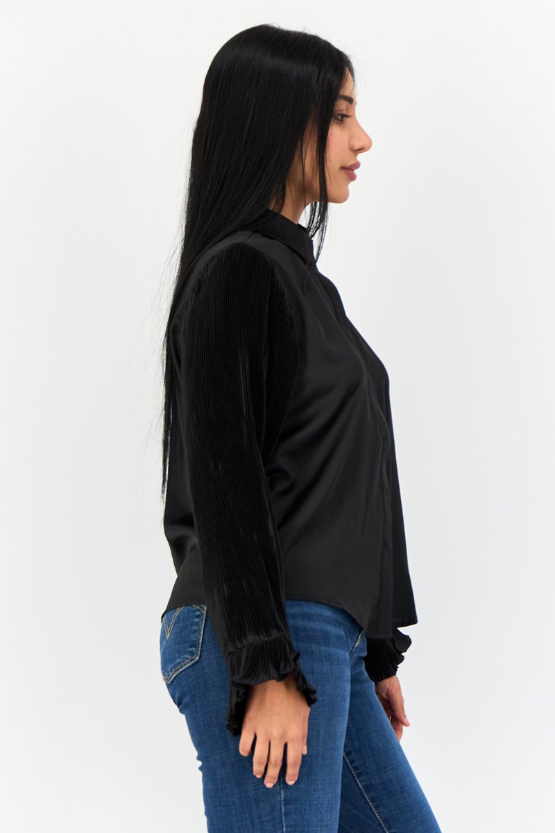 Area Stars Women Spread Collar Long Sleeves Plain Shirt, Black  - Image 3