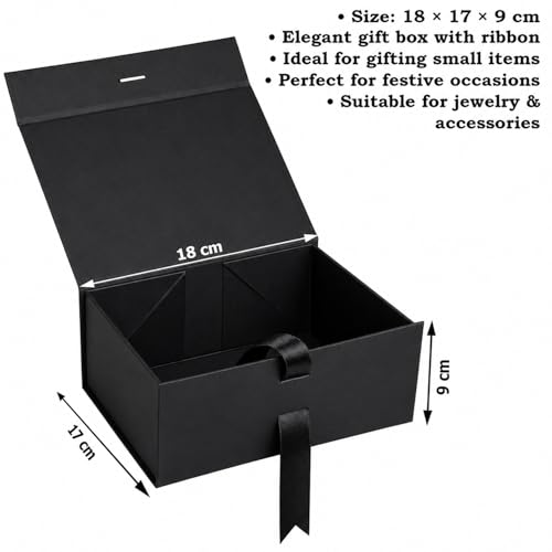 Aakriti Black Foldable Rakhi Gift Box Empty Gift Box with Satin Ribbon, Multipurpose Hamper Box Holds upto 5 kg Reuse Gift Boxes Box for Gift Packing (Small 18 x 17 x 9 cm, Black Matte Finish 1Pcs) - Image 2