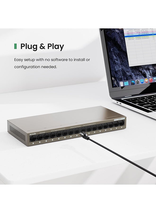 Tenda 16-Port Gigabit Ethernet Switch, 6 kV Lightning Protection, 32Gbps Capacity, 2Mb Buffer, Mini Steel Shell, One Key VLAN, <12W Power Consumption | TEG1016M Brown - Image 4