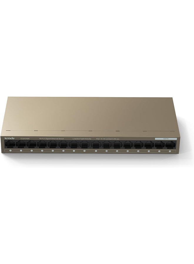 Tenda 16-Port Gigabit Ethernet Switch, 6 kV Lightning Protection, 32Gbps Capacity, 2Mb Buffer, Mini Steel Shell, One Key VLAN, <12W Power Consumption | TEG1016M Brown - Image 1