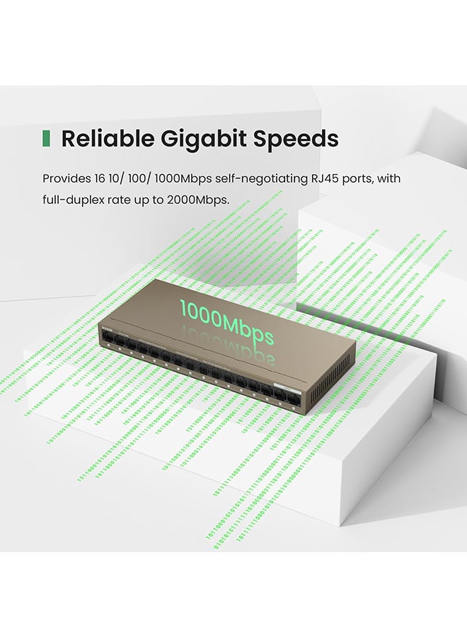 Tenda 16-Port Gigabit Ethernet Switch, 6 kV Lightning Protection, 32Gbps Capacity, 2Mb Buffer, Mini Steel Shell, One Key VLAN, <12W Power Consumption | TEG1016M Brown - Image 3