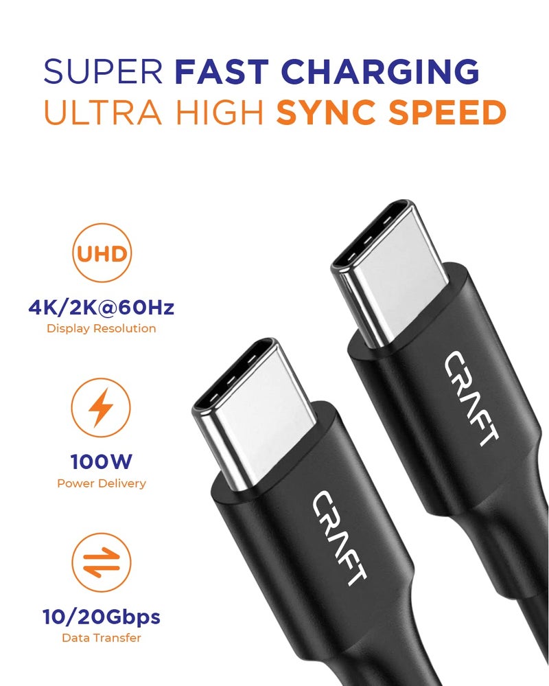 CRAFT 0.5FT USB C Charger Cable | 3.2 USB C to USB C Data Cable with 20Gbps Speed | 100W Fast Charging and High Speed USB C Cable with E-Marker IC Chip, for Phones, Laptops, Cameras, Monitors, Black - Image 2