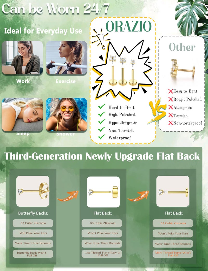 ORAZIO Flat Back Stud Earrings for Women Surgical Steel Nose Stud Hypoallergenic Nose Piercing Jewelry Gold 16G Cartilage Earring Helix Tragus Medusa Labret Piercing Jewelry With Piercing Ball Grabber Tool A - Image 4