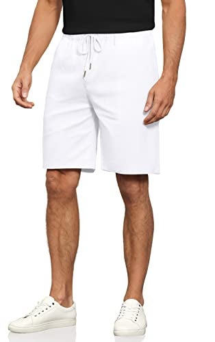 Janmid Men's Linen Casual Classic Fit Short Drawstring Summer Beach Shorts with Pockets White L - Image 1