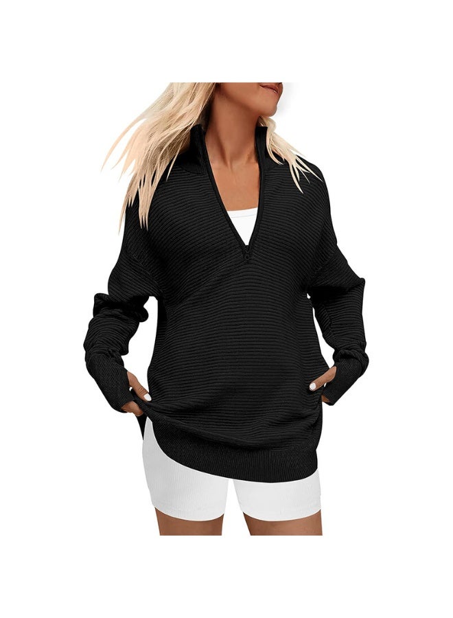 NIBEMINENT Women's Long-sleeved Half-zipper V-neck Casual Ribbed Knitted Sweater Women's Jumper - Image 1