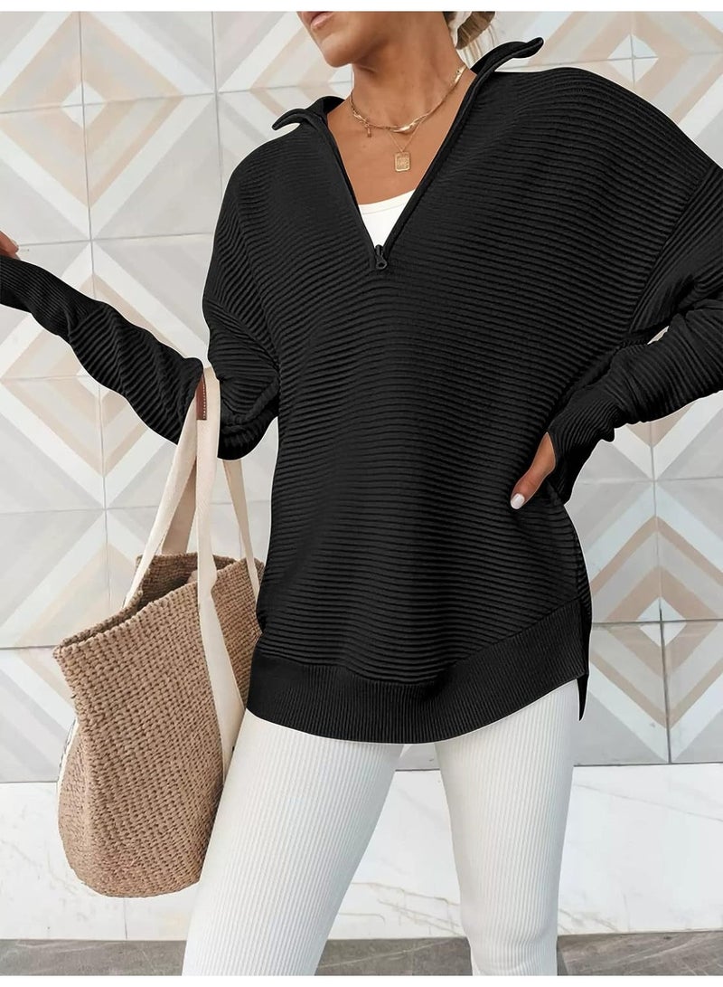 NIBEMINENT Women's Long-sleeved Half-zipper V-neck Casual Ribbed Knitted Sweater Women's Jumper - Image 2