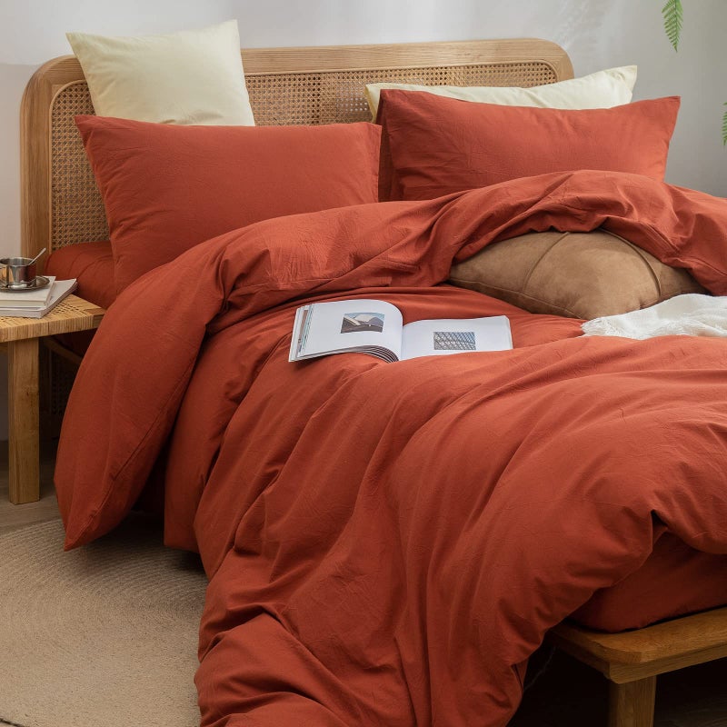 BESTOUCH Duvet Cover Set 100% Washed Cotton Linen Feel Super Soft Comfortable Chic Lightweight 3 PCs Home Bedding Set Solid Burnt Brick Red King - Image 5