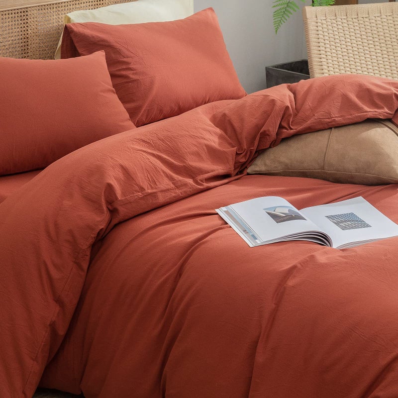 BESTOUCH Duvet Cover Set 100% Washed Cotton Linen Feel Super Soft Comfortable Chic Lightweight 3 PCs Home Bedding Set Solid Burnt Brick Red King - Image 2