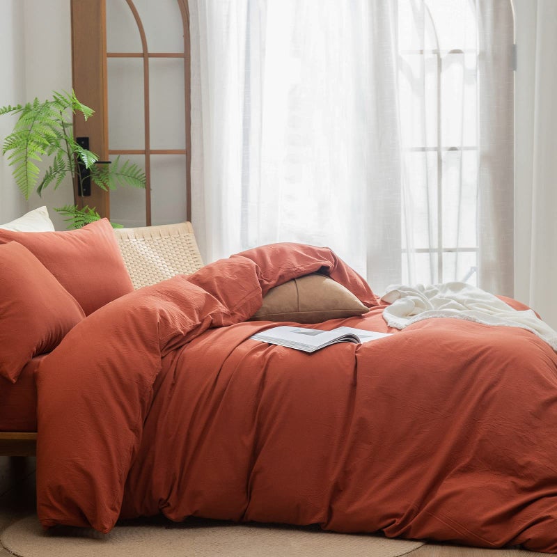 BESTOUCH Duvet Cover Set 100% Washed Cotton Linen Feel Super Soft Comfortable Chic Lightweight 3 PCs Home Bedding Set Solid Burnt Brick Red King - Image 3
