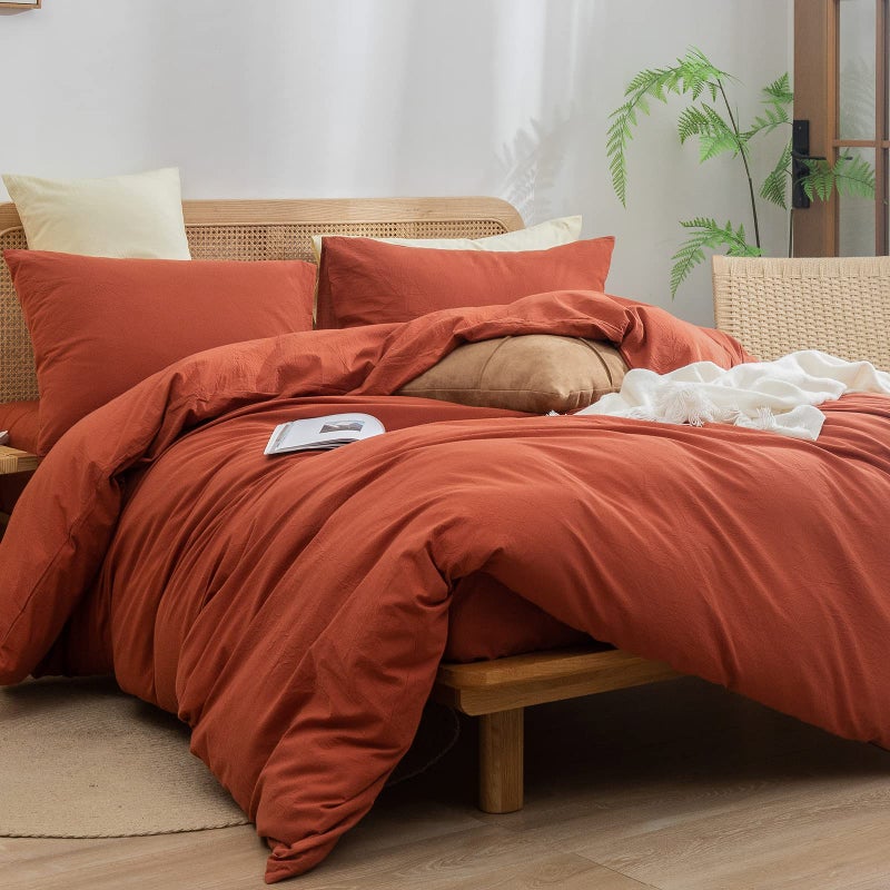 BESTOUCH Duvet Cover Set 100% Washed Cotton Linen Feel Super Soft Comfortable Chic Lightweight 3 PCs Home Bedding Set Solid Burnt Brick Red King - Image 4