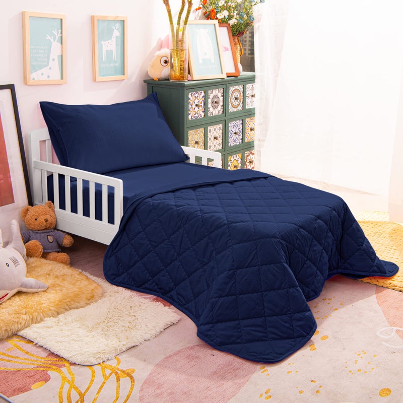 NTBAY Toddler Bedding Set - 4 Piece Soft and Breathable Crib Bedding Set for Boys and Girls, Includes Quilted Comforter, Fitted Sheet, Flat Top Sheet and Envelope Pillowcase, Navy Blue - Image 5