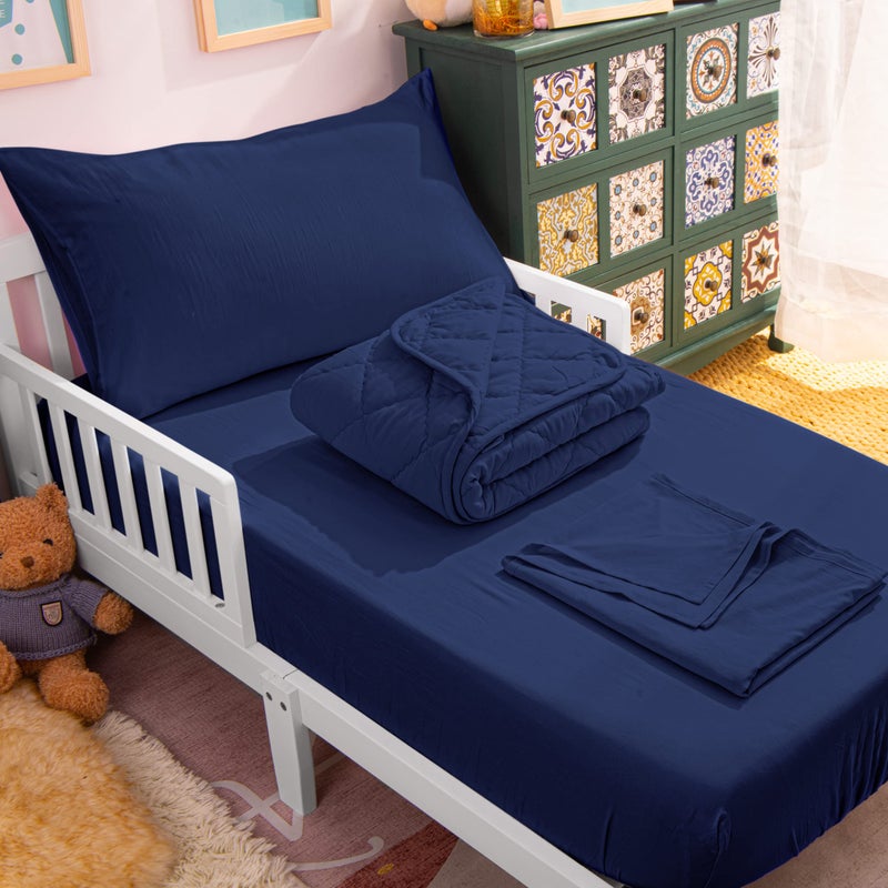NTBAY Toddler Bedding Set - 4 Piece Soft and Breathable Crib Bedding Set for Boys and Girls, Includes Quilted Comforter, Fitted Sheet, Flat Top Sheet and Envelope Pillowcase, Navy Blue - Image 1