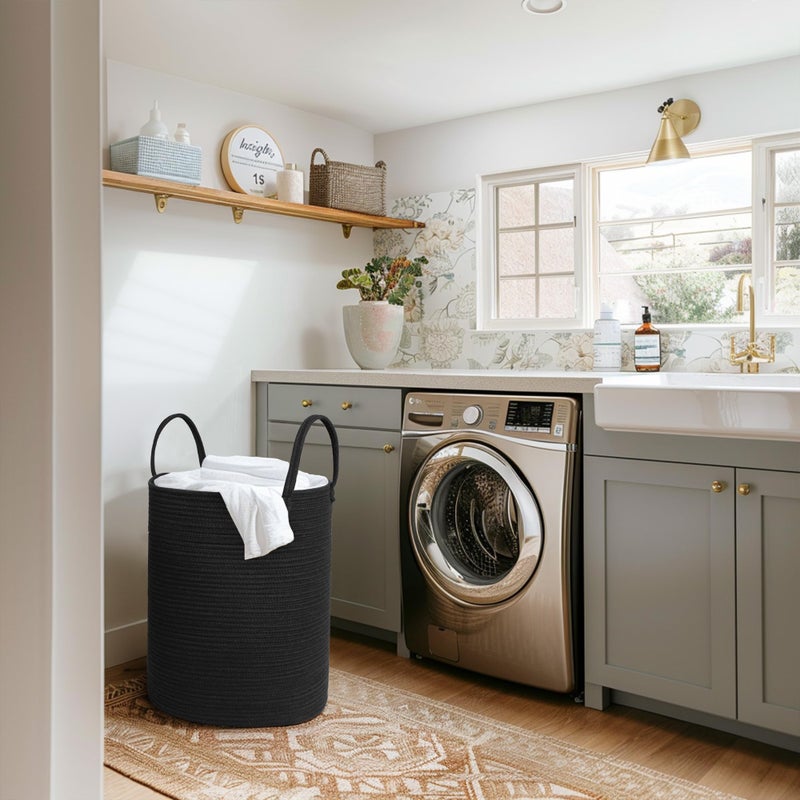 Megasket Black Woven Laundry Basket  15""X18"" Tall Basket For Blankets  Wicker Hamper For Bedroom Aesthetic  Decorative Storage Hamper For Clothes  Towel  Rope Storage Bin For Living Room  Bathroom - Image 4